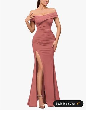 Miusol Off-Shoulder Ruched Maxi Dress in Dusty Rose with Thigh Slit